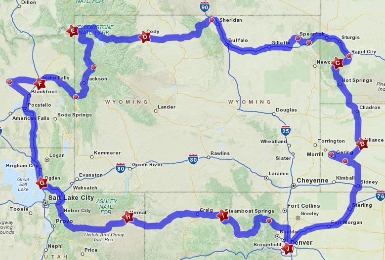 Map for the Western USA trip in July 2010