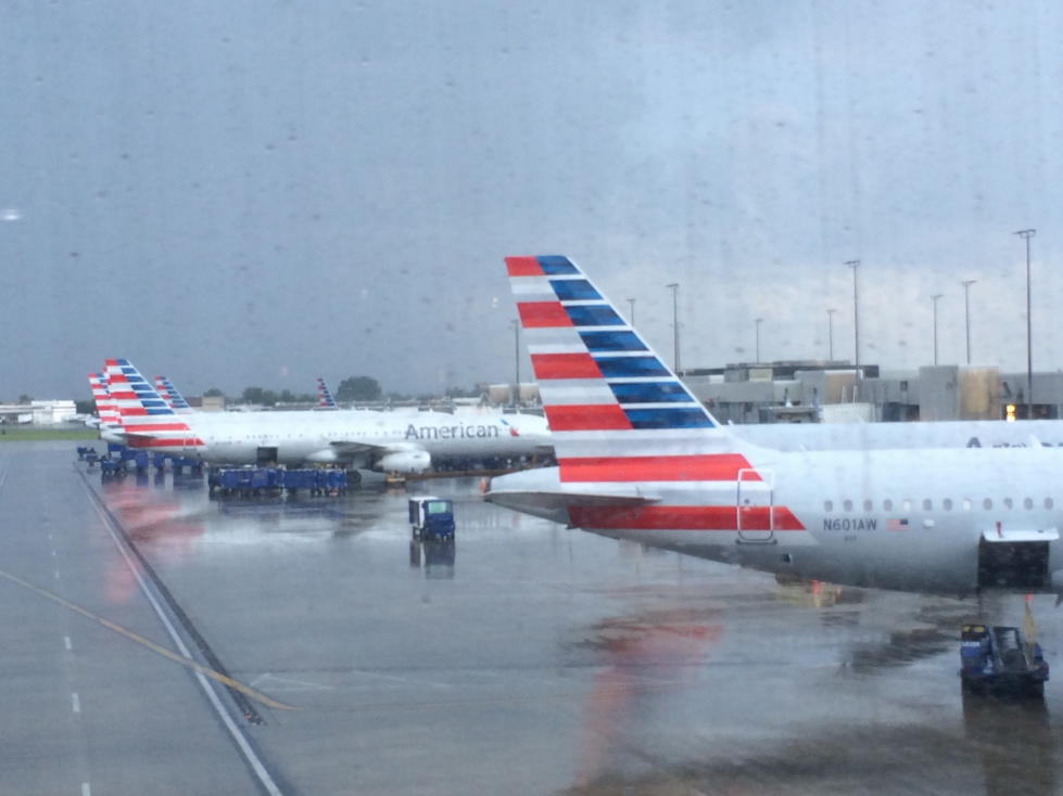 American Airlines planes at Charlotte Douglas during a thunderstorm