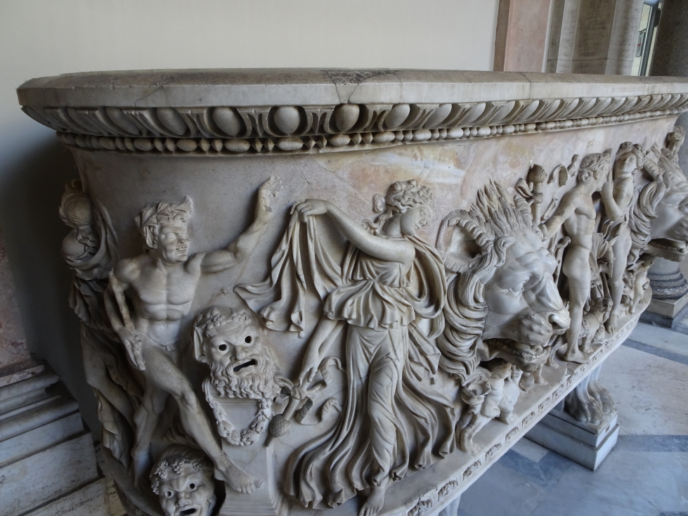 An intricately detailed Roman sarcophagus