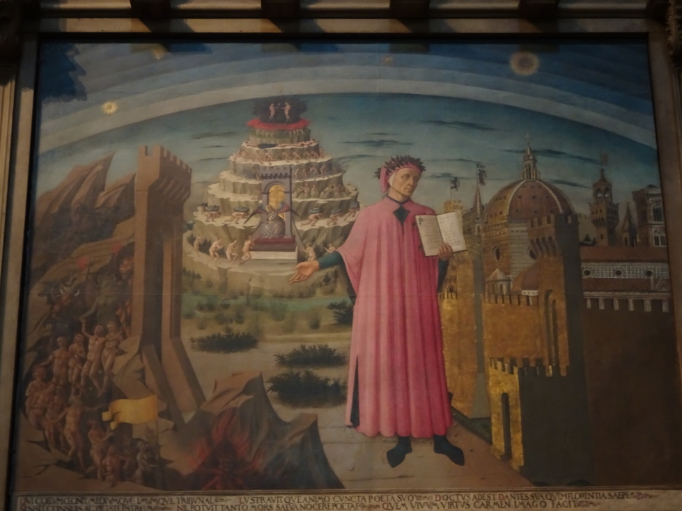 Painting of Dante in front of Florence and showing scenes from _Divine Comedy_