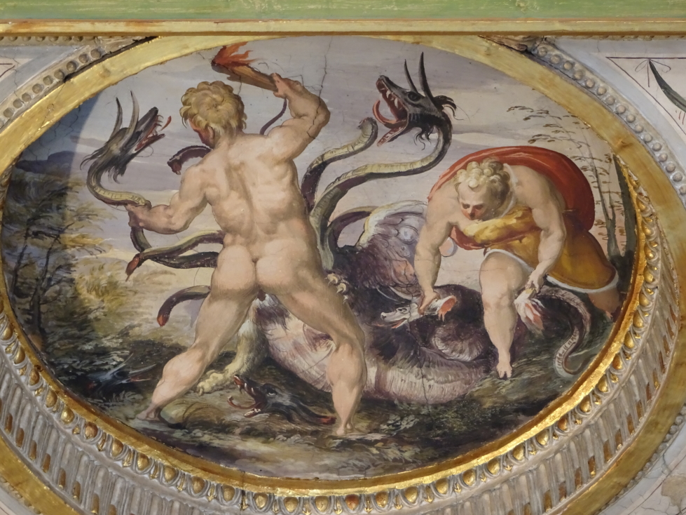 Hercules and the hydra from a second floor room