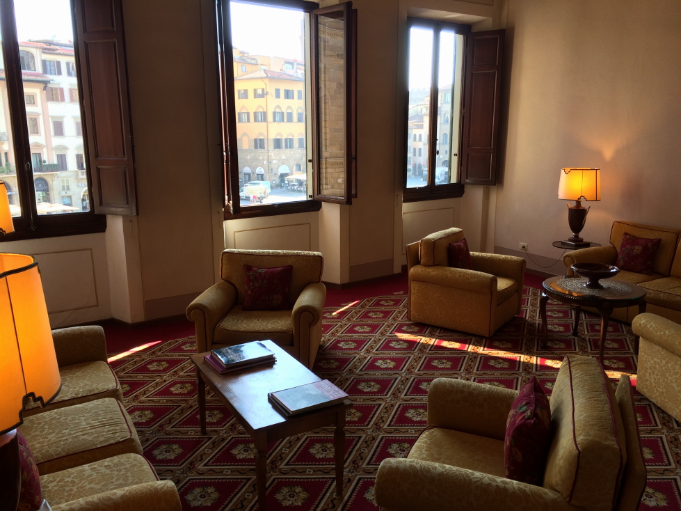 Sitting room of the hotel, overlooking the plaza