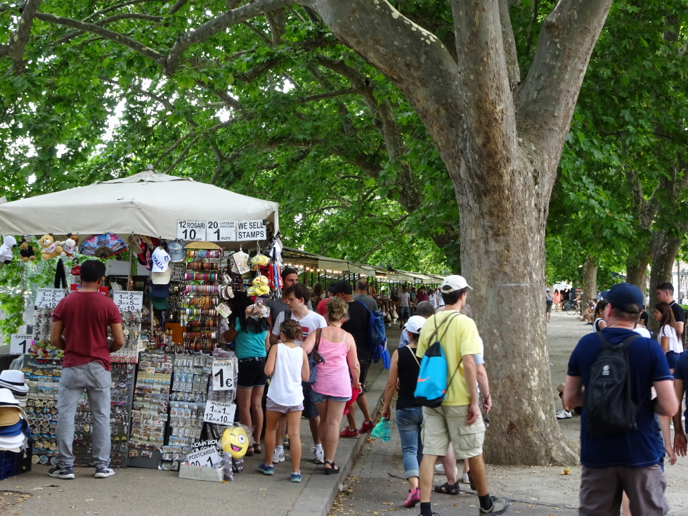 Vendor stands along the Tiber